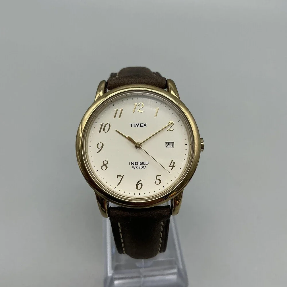 Timex Indiglo WR30M Mens Watch 35mm Cream Dial Gold Tone Leather New Battery